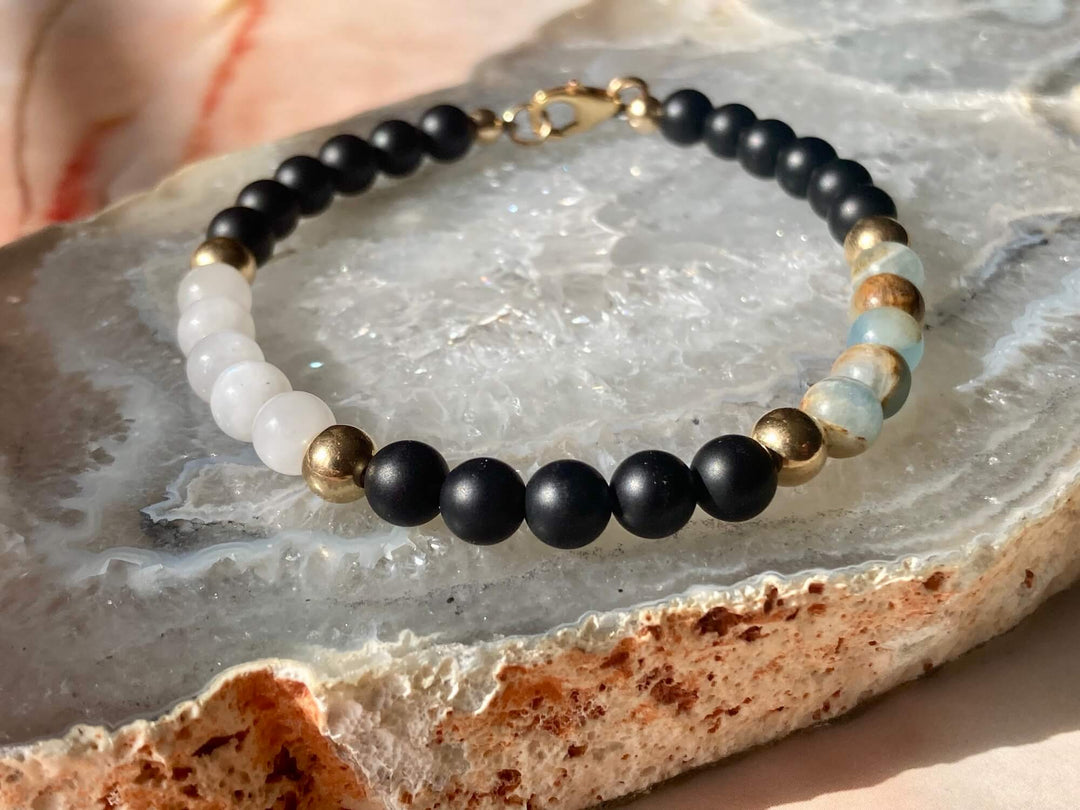 True North Lemurian Aquatine Calcite, Black Onyx & Moonstone Men's Gold Bracelet