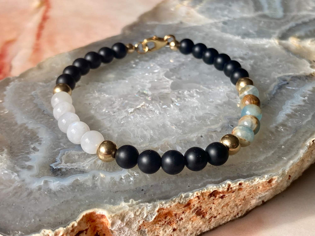 True North Lemurian Aquatine Calcite, Black Onyx & Moonstone Men's Gold Bracelet