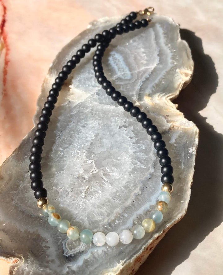 True North Lemurian Aquatine Calcite, Black Onyx & Moonstone Men's Gold Necklace