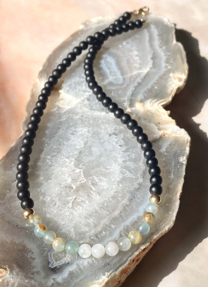 True North Lemurian Aquatine Calcite, Black Onyx & Moonstone Men's Gold Necklace