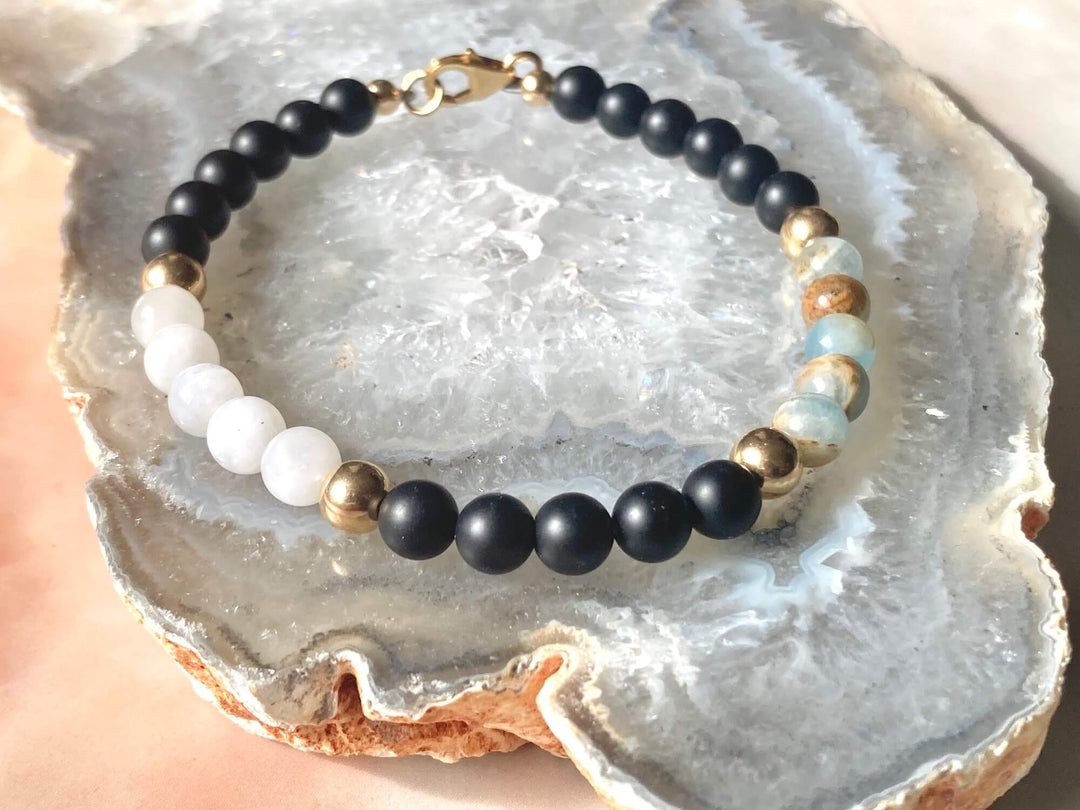 True North Lemurian Aquatine Calcite, Black Onyx & Moonstone Men's Gold Bracelet