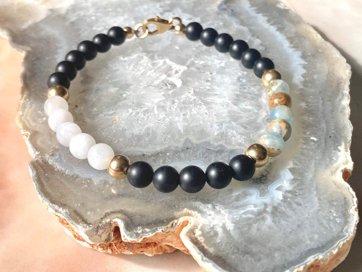 True North Lemurian Aquatine Calcite, Black Onyx & Moonstone Men's Gold Bracelet