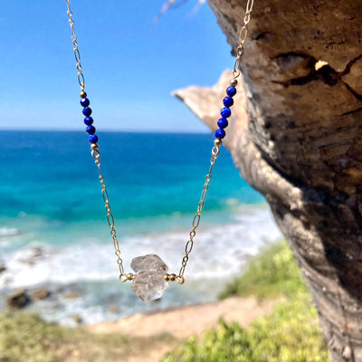 Golden Herkimer Diamond and Lapis Lazuli Chain Necklace