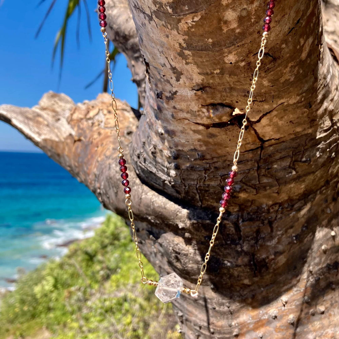 Golden Herkimer Diamond and Garnet Chain Necklace