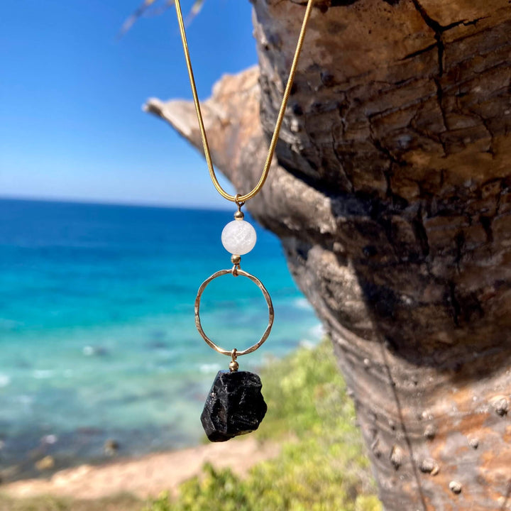 Black Tourmaline, Moonstone & Gold Pendant Necklace