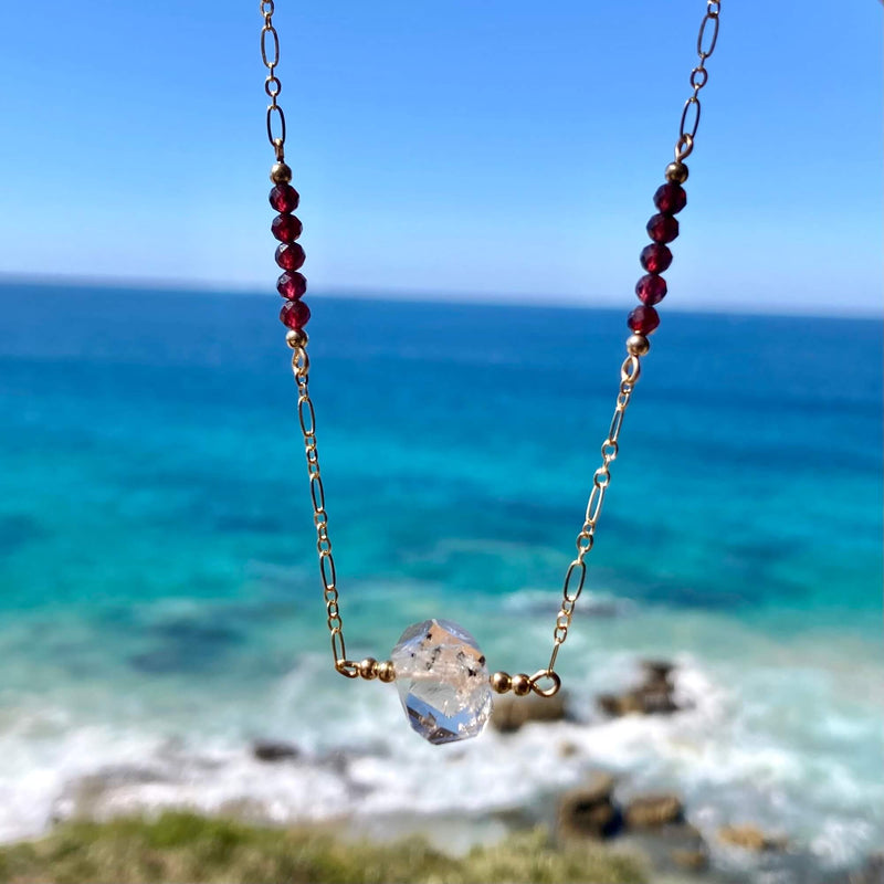 Golden Herkimer Diamond and Garnet Chain Necklace