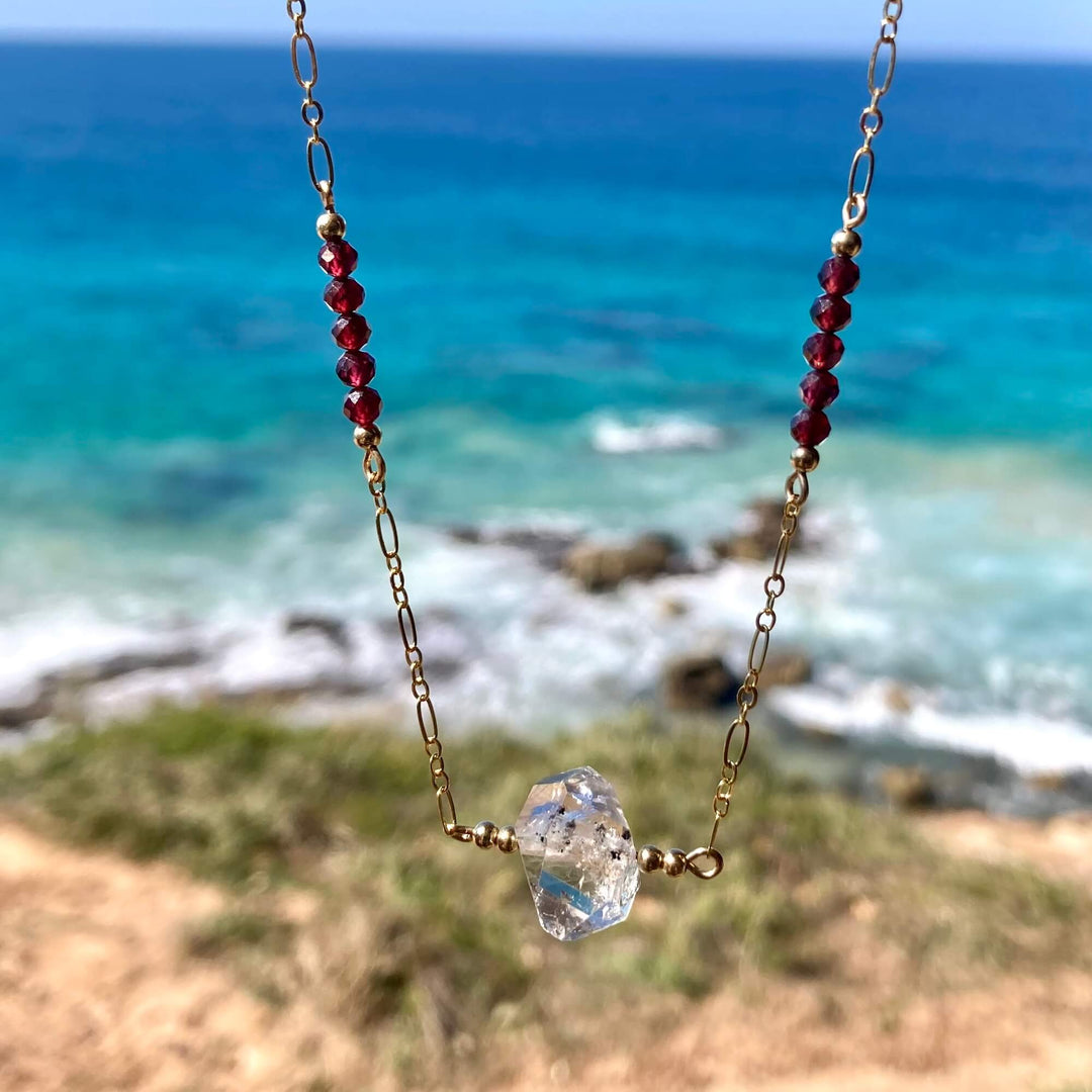 Golden Herkimer Diamond and Garnet Chain Necklace