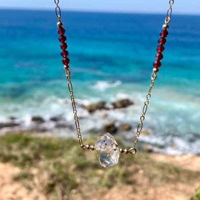 Golden Herkimer Diamond and Garnet Chain Necklace