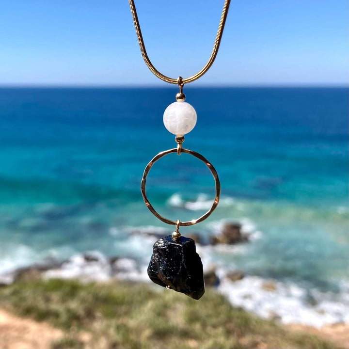 Black Tourmaline, Moonstone & Gold Pendant Necklace