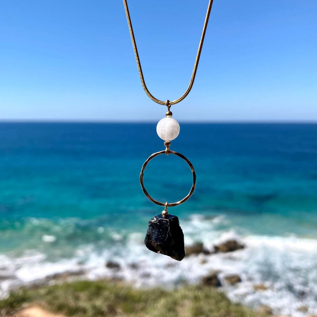 Black Tourmaline, Moonstone & Gold Pendant Necklace