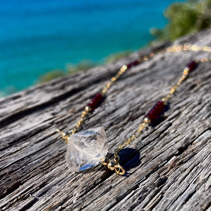 Golden Herkimer Diamond and Garnet Chain Necklace