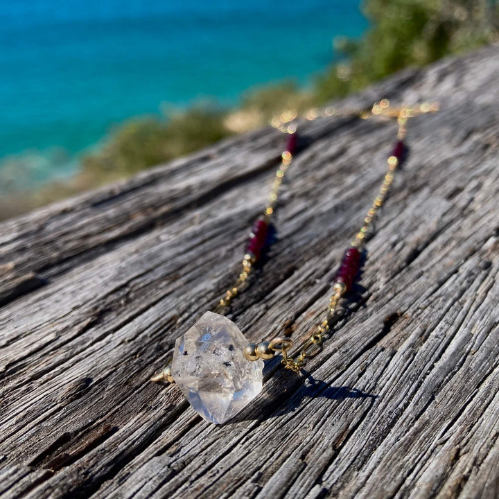 Golden Herkimer Diamond and Garnet Chain Necklace