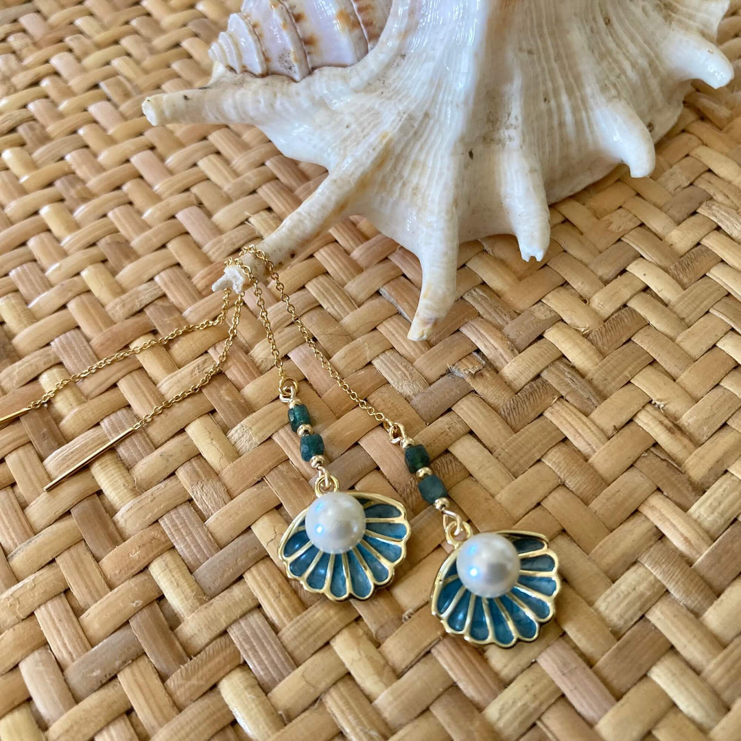 Gold Shell Pendant & Paraiba Blue Tourmaline Thread Earrings