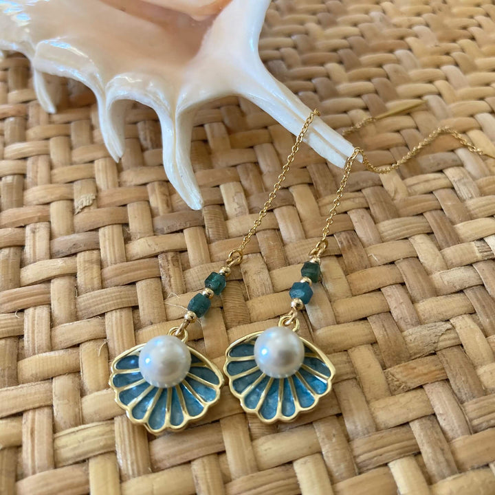 Gold Shell Pendant & Paraiba Blue Tourmaline Thread Earrings