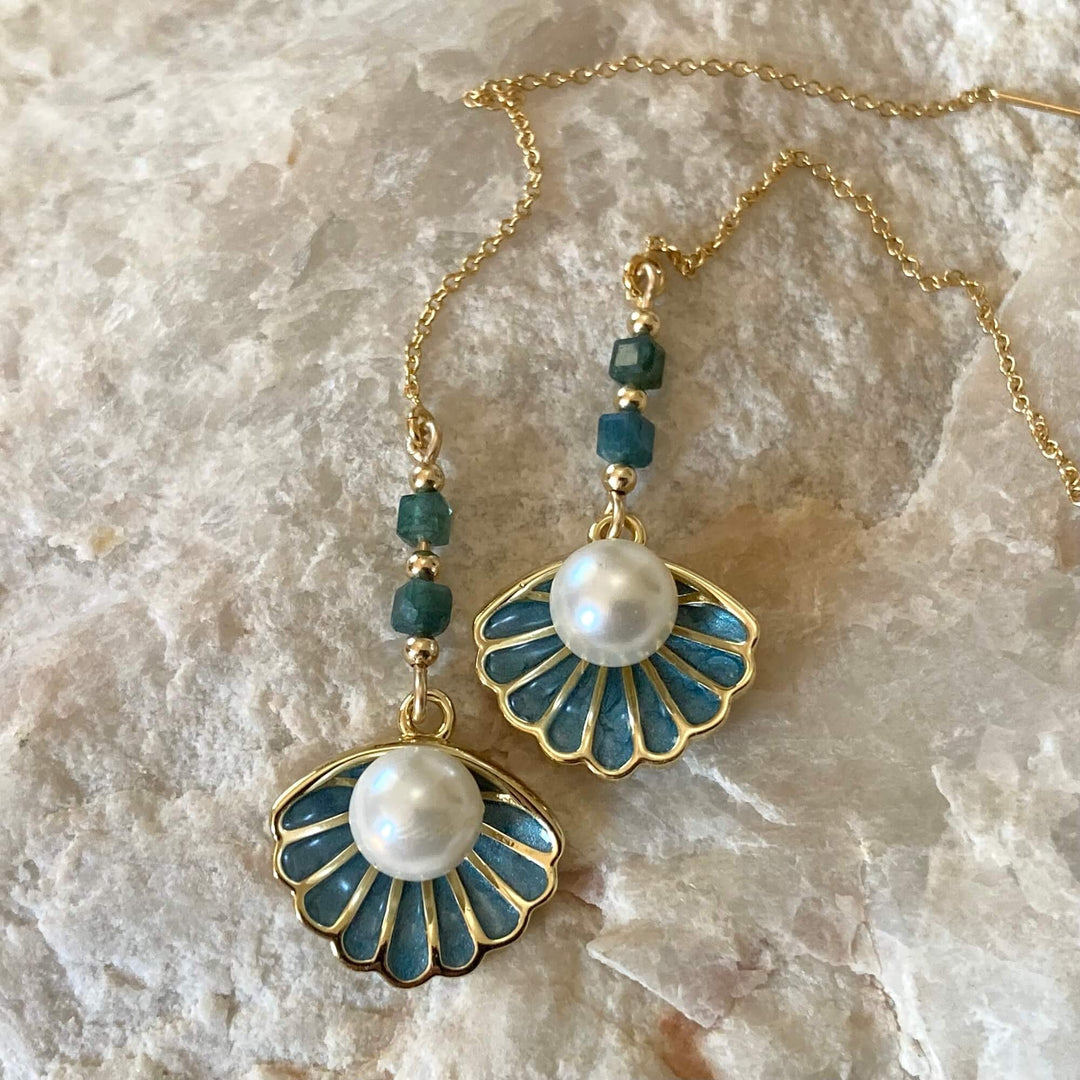 Gold Shell Pendant & Paraiba Blue Tourmaline Thread Earrings