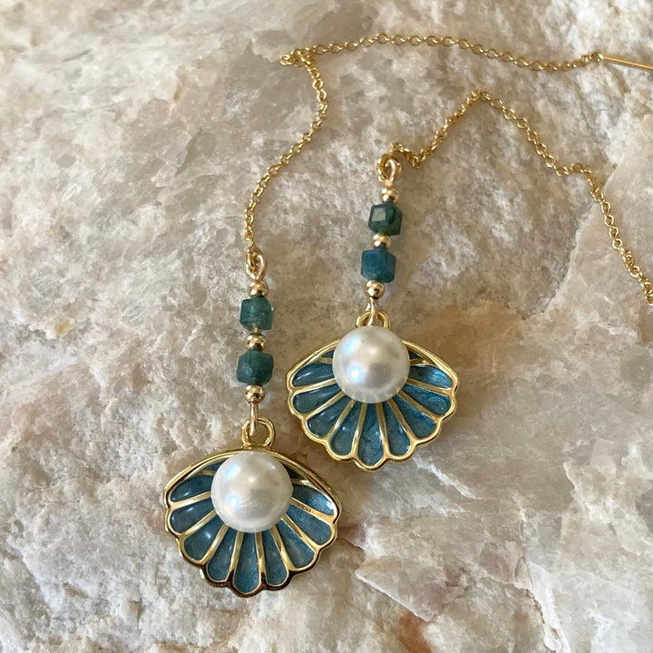 Gold Shell Pendant & Paraiba Blue Tourmaline Thread Earrings