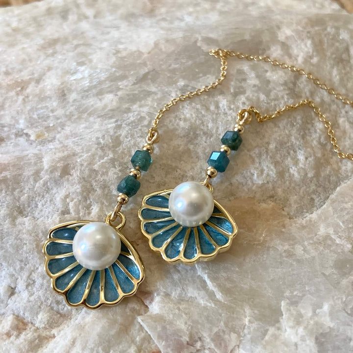 Gold Shell Pendant & Paraiba Blue Tourmaline Thread Earrings