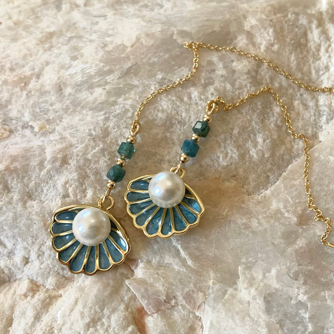 Gold Shell Pendant & Paraiba Blue Tourmaline Thread Earrings