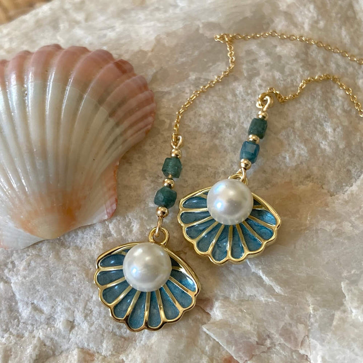 Gold Shell Pendant & Paraiba Blue Tourmaline Thread Earrings