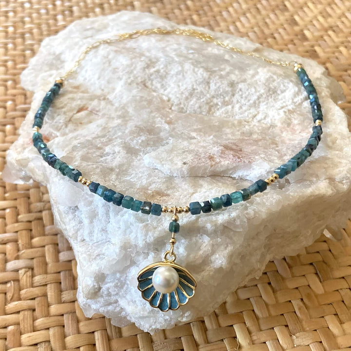 Paraiba Blue Tourmaline & Gold Shell Pendant Necklace