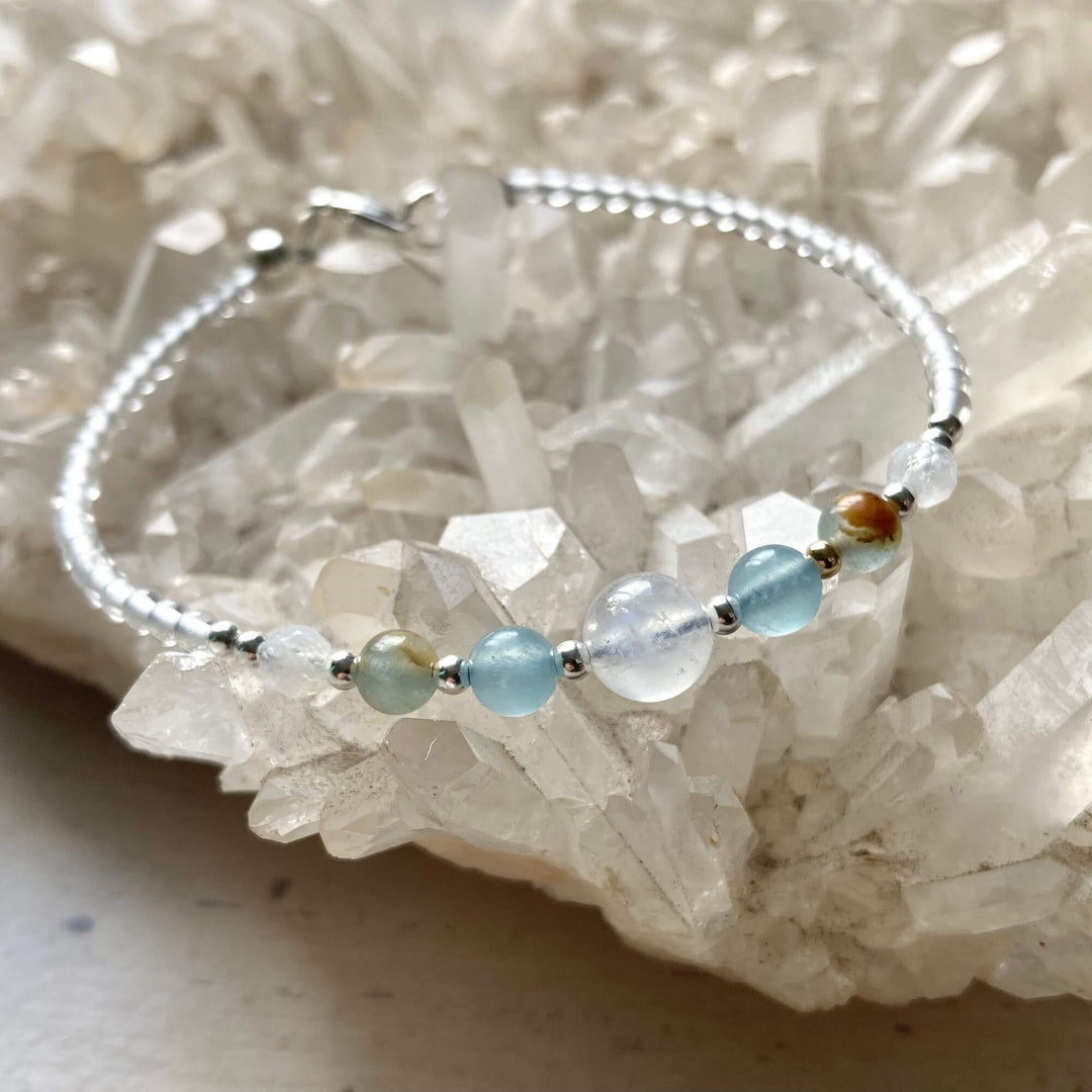 True North Lemurian Aquatine Calcite & Moonstone Silver Bracelet