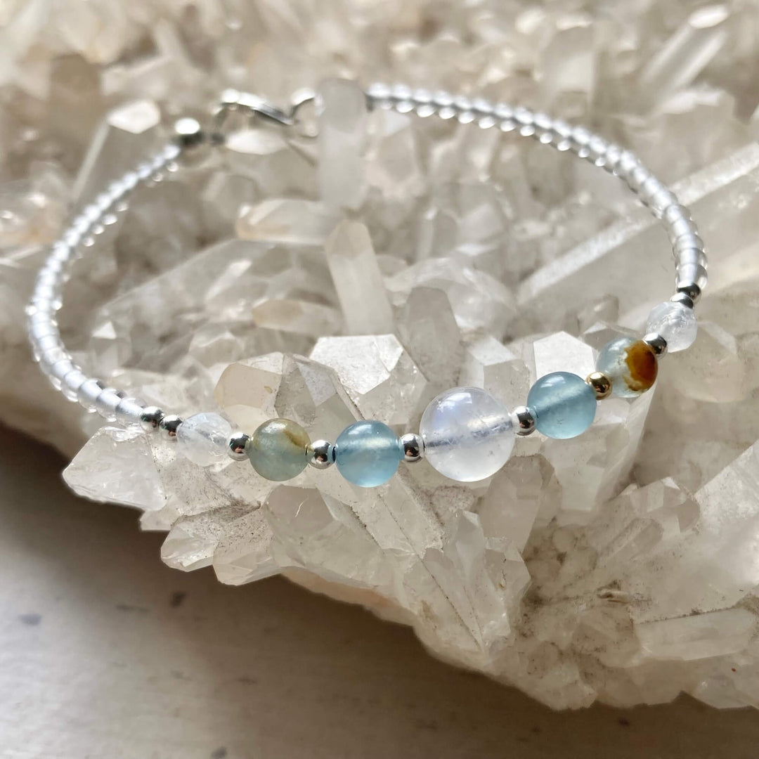 True North Lemurian Aquatine Calcite & Moonstone Silver Bracelet