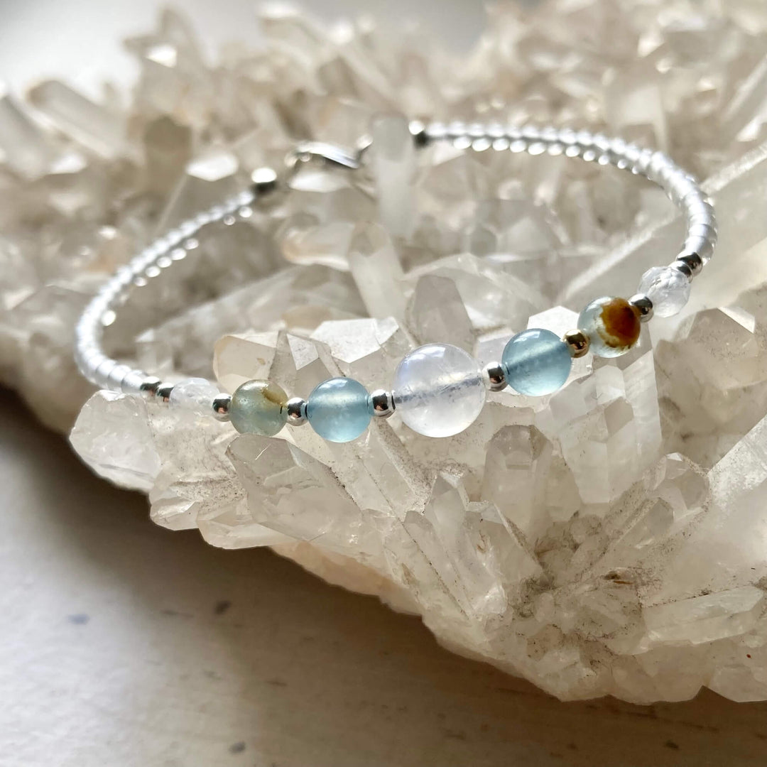 True North Lemurian Aquatine Calcite & Moonstone Silver Bracelet