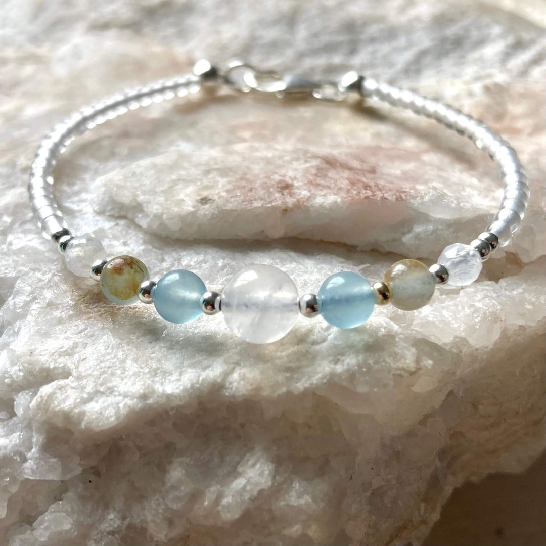 True North Lemurian Aquatine Calcite & Moonstone Silver Bracelet