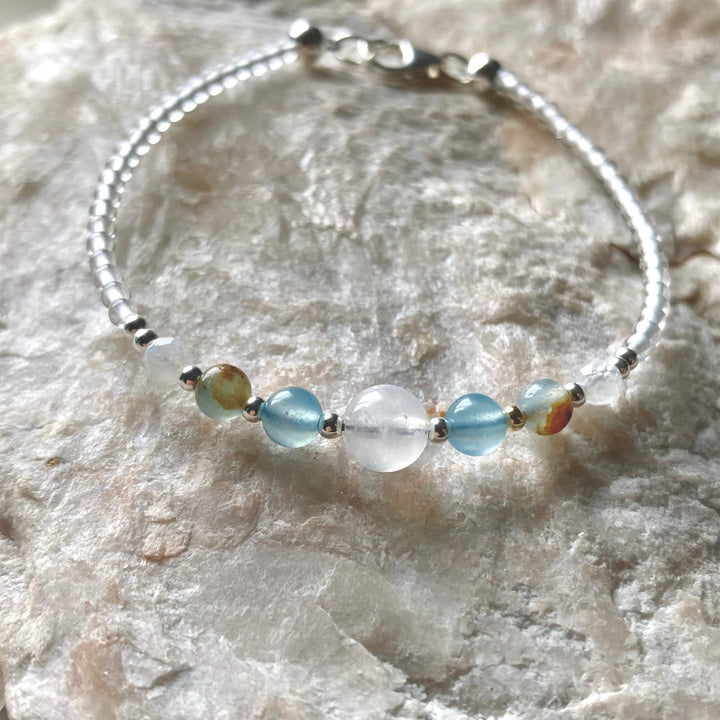 True North Lemurian Aquatine Calcite & Moonstone Silver Bracelet