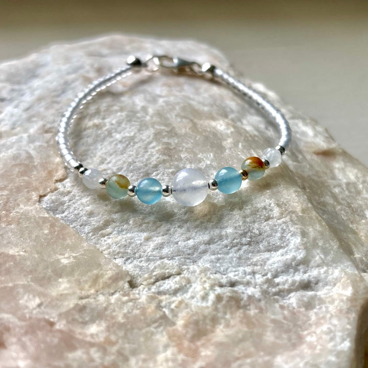 True North Lemurian Aquatine Calcite & Moonstone Silver Bracelet