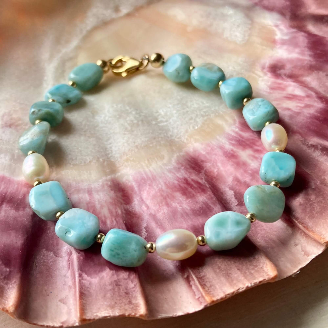 Golden Larimar & Pearl Bracelet