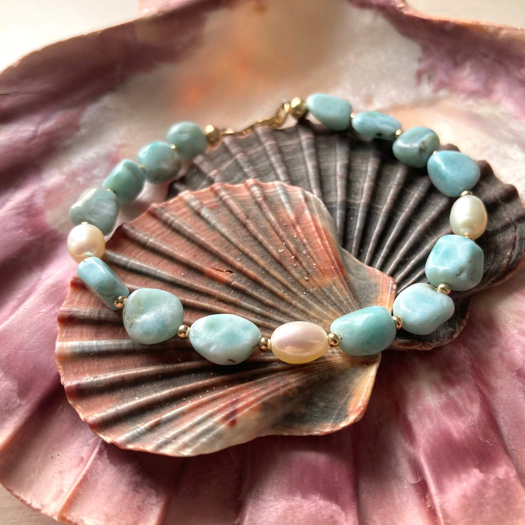 Golden Larimar & Pearl Bracelet