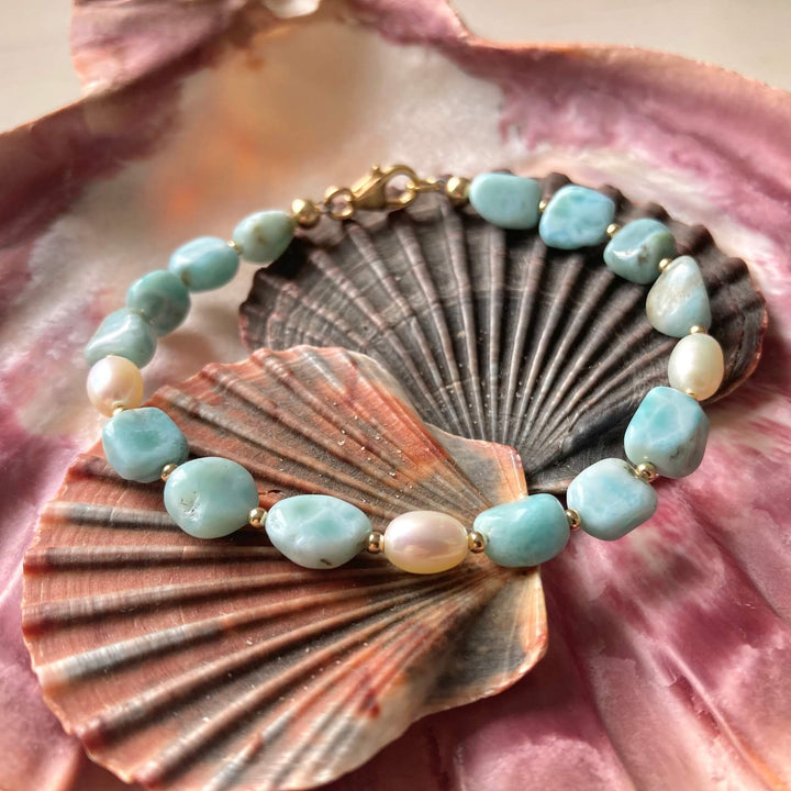 Golden Larimar & Pearl Bracelet