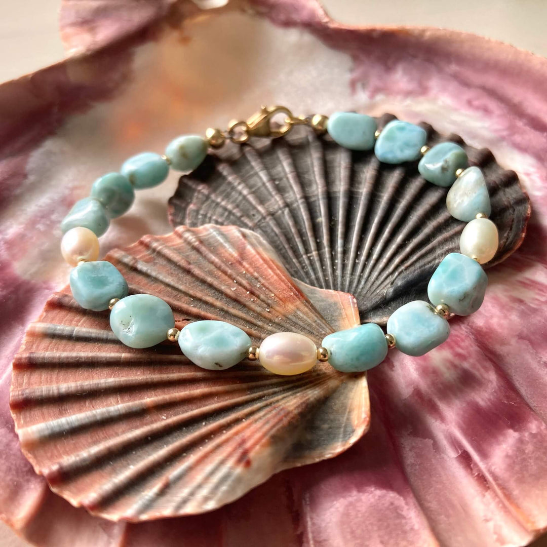 Golden Larimar & Pearl Bracelet