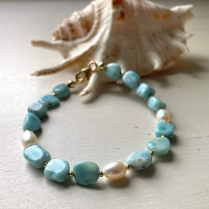 Golden Larimar & Pearl Bracelet