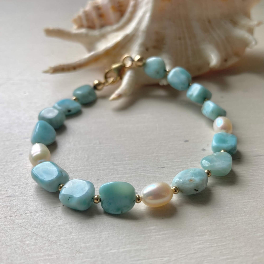 Golden Larimar & Pearl Bracelet