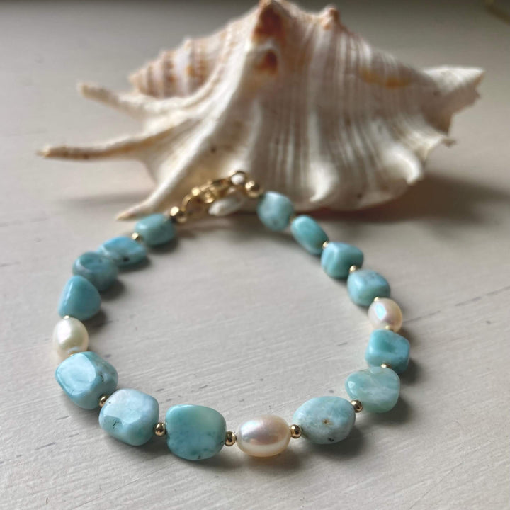 Golden Larimar & Pearl Bracelet