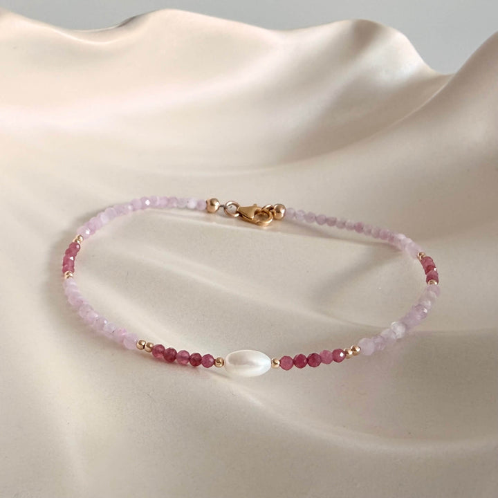 Golden Kunzite, Pink Tourmaline & Pearl One Of A Kind Anklet