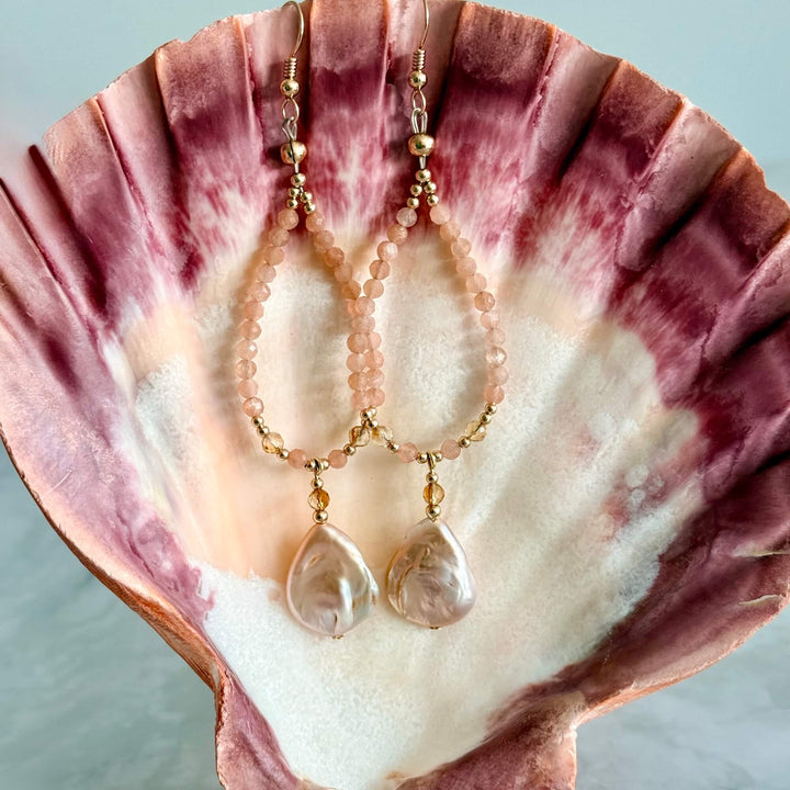 Golden Citrine, Sunstone and Pearl One Of A Kind Earrings