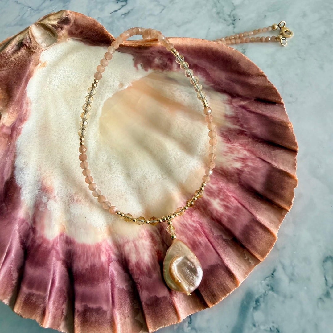 Golden Citrine, Sunstone and Pearl One Of A Kind Necklace