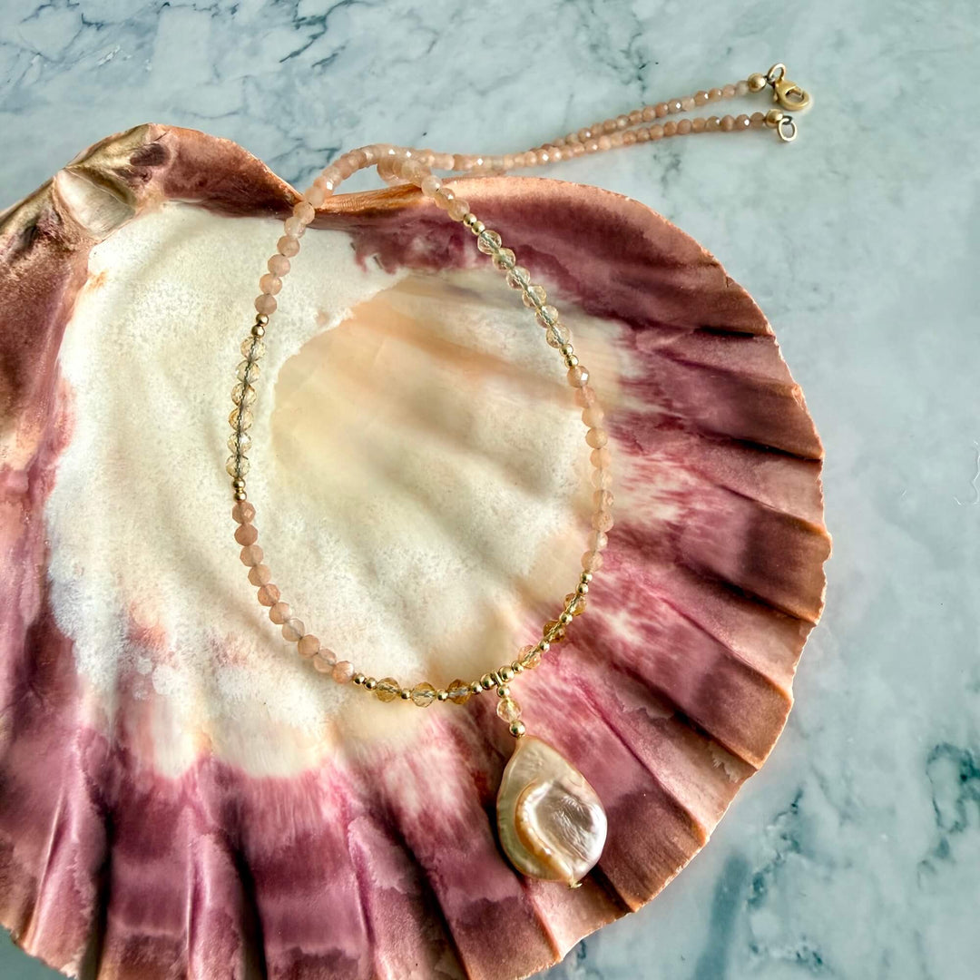 Golden Citrine, Sunstone and Pearl One Of A Kind Necklace