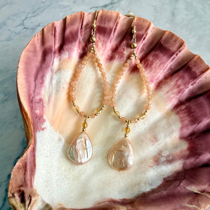 Golden Citrine, Sunstone and Pearl One Of A Kind Earrings