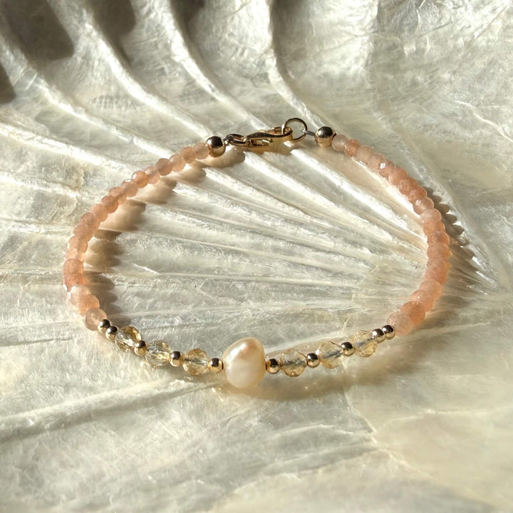 Golden Citrine, Sunstone and Pearl One Of A Kind Bracelet
