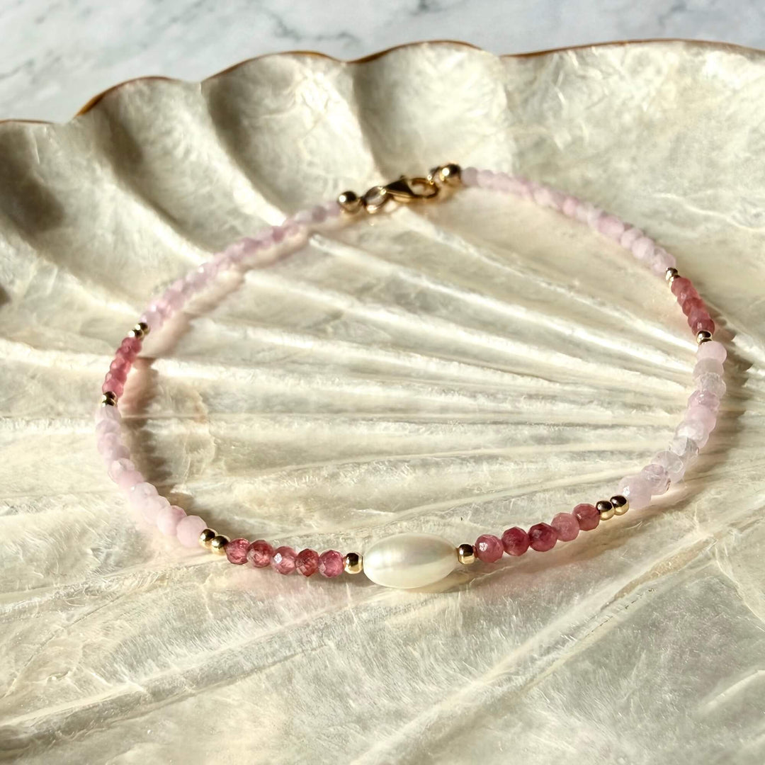 Golden Kunzite, Pink Tourmaline & Pearl One Of A Kind Anklet