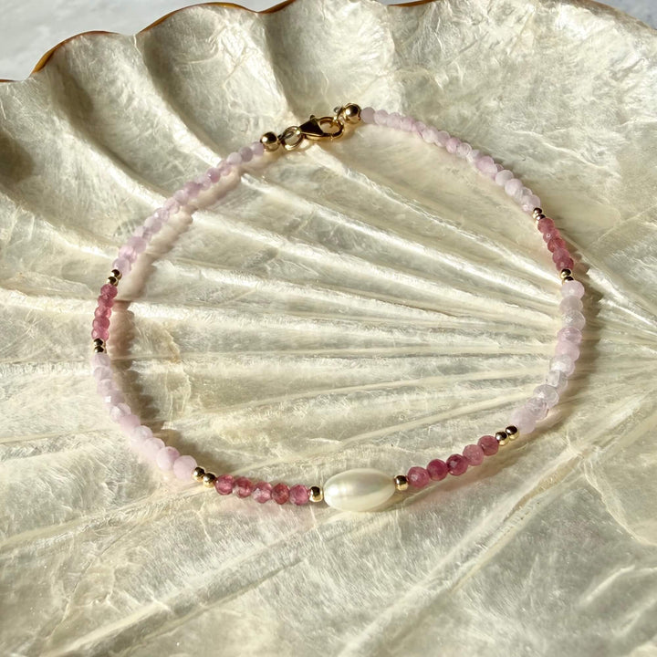 Golden Kunzite, Pink Tourmaline & Pearl One Of A Kind Anklet