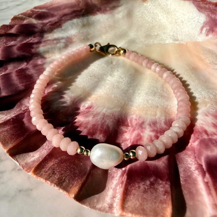 Golden Pink Opal & Pearl Gold One Of A Kind Bracelet