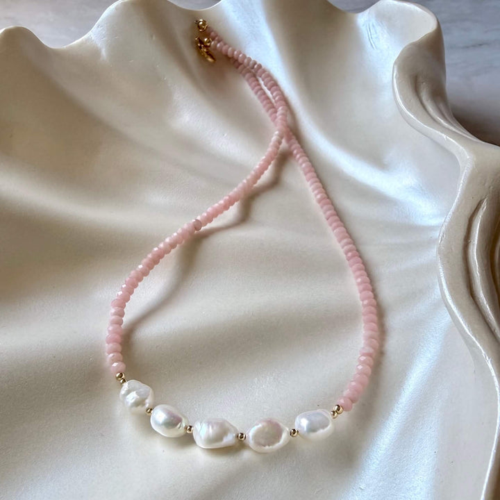 Golden Pink Opal & Pearl Gold One Of A Kind Necklace