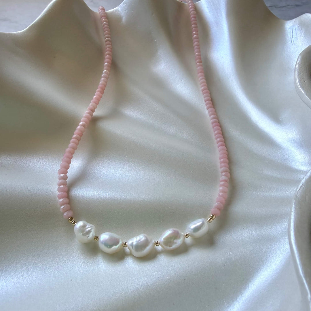 Golden Pink Opal & Pearl Gold One Of A Kind Necklace