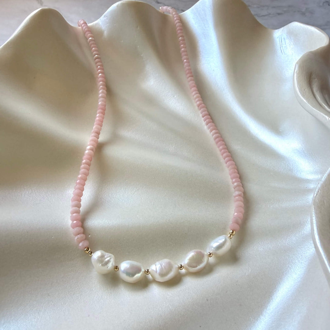 Golden Pink Opal & Pearl Gold One Of A Kind Necklace