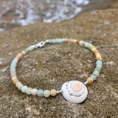 Amazonite, sunstone and shell anklet